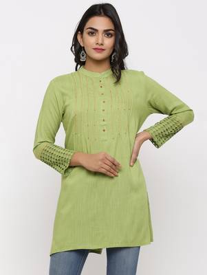 Women's Parrot Green Rayon Applique Straight Tunic Kurti 1