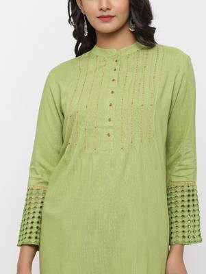 Women's Parrot Green Rayon Applique Straight Tunic Kurti 4
