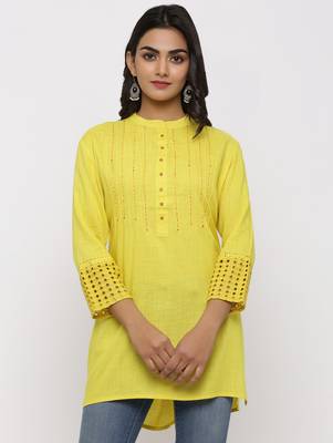 Women's Yellow Rayon Applique Straight Tunic Kurti 1