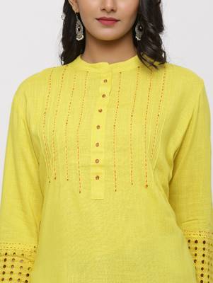 Women's Yellow Rayon Applique Straight Tunic Kurti 3