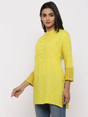 Women's Yellow Rayon Applique Straight Tunic Kurti 4
