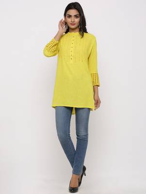 Women's Yellow Rayon Applique Straight Tunic Kurti 5