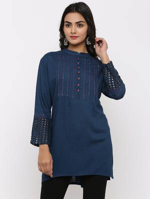 Women's Teal Rayon Applique Straight Tunic Kurti 1