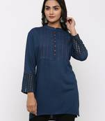 Women's Teal Rayon Applique Straight Tunic Kurti