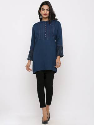 Women's Teal Rayon Applique Straight Tunic Kurti 5