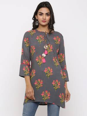 Women's Grey Rayon Buta Print Mirror Work Straight Tunic Kurti 1