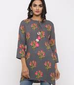 Women's Grey Rayon Buta Print Mirror Work Straight Tunic Kurti