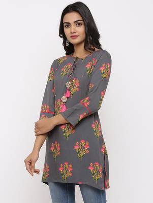 Women's Grey Rayon Buta Print Mirror Work Straight Tunic Kurti 2