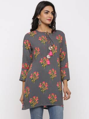 Women's Grey Rayon Buta Print Mirror Work Straight Tunic Kurti 3