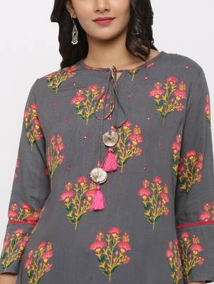 Women's Grey Rayon Buta Print Mirror Work Straight Tunic Kurti 4
