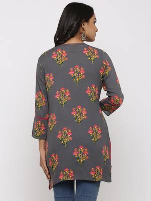 Women's Grey Rayon Buta Print Mirror Work Straight Tunic Kurti 5