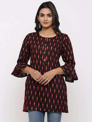 Women's Black Rayon Ikat Print Mirror Work Straight Tunic Kurti 1