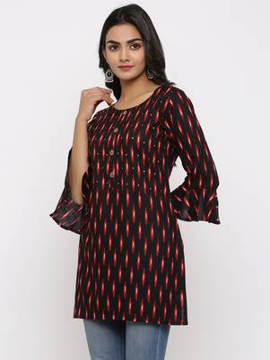 Women's Black Rayon Ikat Print Mirror Work Straight Tunic Kurti 2