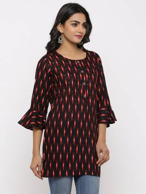 Women's Black Rayon Ikat Print Mirror Work Straight Tunic Kurti 3