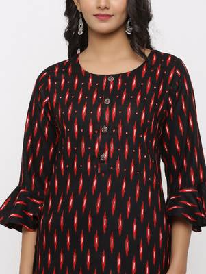 Women's Black Rayon Ikat Print Mirror Work Straight Tunic Kurti 4