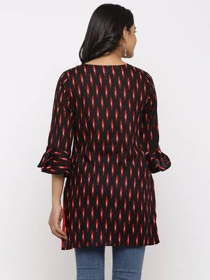 Women's Black Rayon Ikat Print Mirror Work Straight Tunic Kurti 5