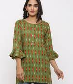 Women's Dark Green Rayon Ikat Print Mirror Work Straight Tunic Kurti