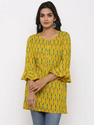 Women's Mustard Rayon Ikat Print Mirror Work Straight Tunic Kurti 1