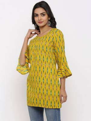 Women's Mustard Rayon Ikat Print Mirror Work Straight Tunic Kurti 2