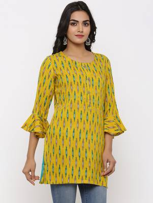 Women's Mustard Rayon Ikat Print Mirror Work Straight Tunic Kurti 3