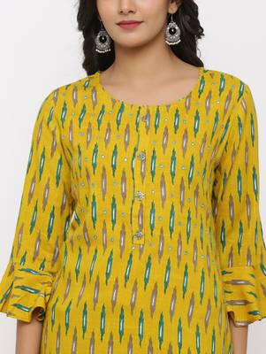 Women's Mustard Rayon Ikat Print Mirror Work Straight Tunic Kurti 4