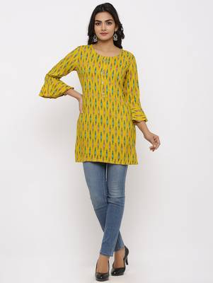 Women's Mustard Rayon Ikat Print Mirror Work Straight Tunic Kurti 5