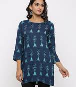 Women's Teal Rayon Applique Straight Tunic Kurti