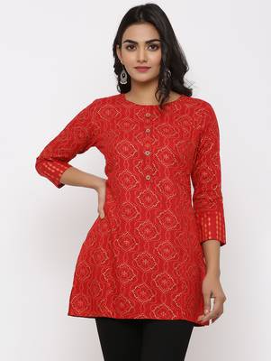Women's Red Rayon Bandhani Print Straight Tunic Kurti 1