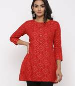 Women's Red Rayon Bandhani Print Straight Tunic Kurti