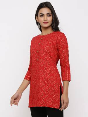 Women's Red Rayon Bandhani Print Straight Tunic Kurti 2
