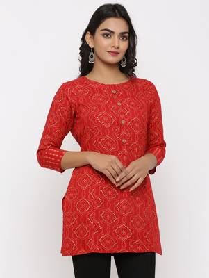 Women's Red Rayon Bandhani Print Straight Tunic Kurti 3