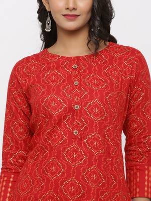 Women's Red Rayon Bandhani Print Straight Tunic Kurti 4