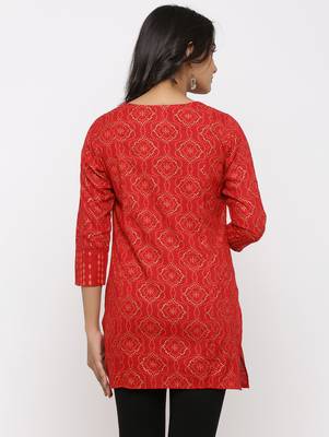 Women's Red Rayon Bandhani Print Straight Tunic Kurti 5