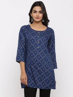 Women's Navy Blue Rayon Bandhani Print Mirror Work Straight Tunic Kurti 1