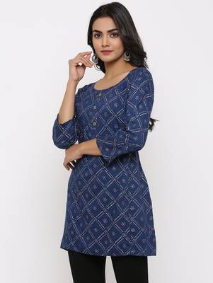 Women's Navy Blue Rayon Bandhani Print Mirror Work Straight Tunic Kurti 2