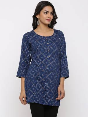 Women's Navy Blue Rayon Bandhani Print Mirror Work Straight Tunic Kurti 3