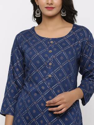 Women's Navy Blue Rayon Bandhani Print Mirror Work Straight Tunic Kurti 4