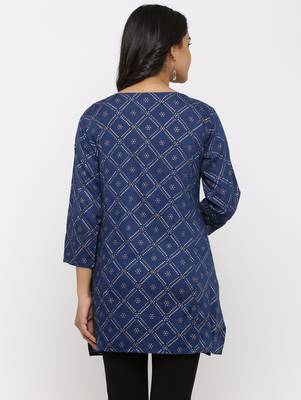 Women's Navy Blue Rayon Bandhani Print Mirror Work Straight Tunic Kurti 5