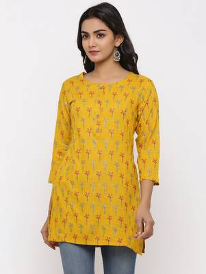 Women's Mustard Rayon leaf print Straight Tunic Kurti 1
