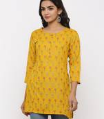 Women's Mustard Rayon leaf print Straight Tunic Kurti