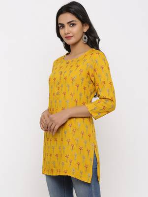 Women's Mustard Rayon leaf print Straight Tunic Kurti 2