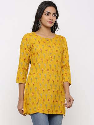 Women's Mustard Rayon leaf print Straight Tunic Kurti 3