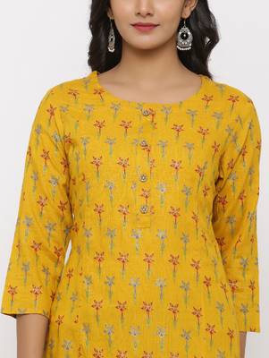 Women's Mustard Rayon leaf print Straight Tunic Kurti 4