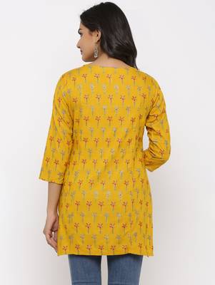 Women's Mustard Rayon leaf print Straight Tunic Kurti 5