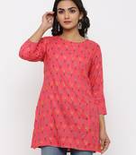 Women's Pink Rayon leaf print Straight Tunic Kurti