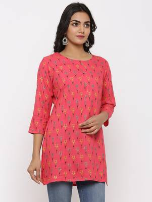 Women's Pink Rayon leaf print Straight Tunic Kurti 3