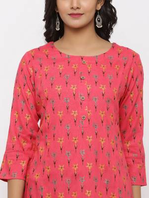 Women's Pink Rayon leaf print Straight Tunic Kurti 4