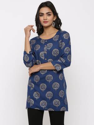 Women's Teal Rayon Gold Print Straight Tunic Kurti 1