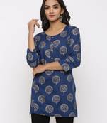 Women's Teal Rayon Gold Print Straight Tunic Kurti