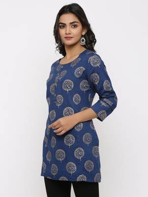 Women's Teal Rayon Gold Print Straight Tunic Kurti 2